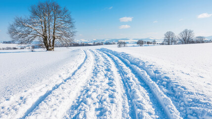 Obraz premium serene winter landscape featuring snow covered field with tire tracks leading through fresh snow. solitary tree stands against clear blue sky, creating peaceful and picturesque scene