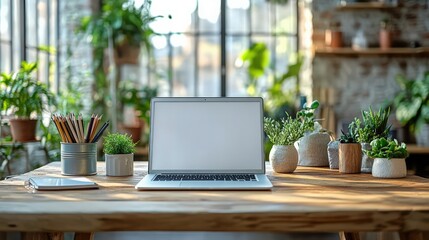 Fototapeta premium Urban workspace with a laptop mockup and decorative plants for creative work