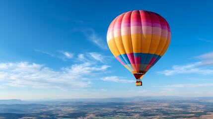 Fototapeta premium Colorful Hot Air Balloon Floating in Blue Sky Above Valley Landscape