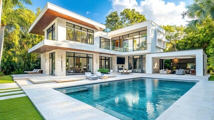 Fototapeta premium Modern house with a serene pool, open and airy design, clean white exterior, vibrant green surroundings, sunny day, frontal view, crisp and bright tones. 