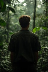 Naklejka premium Man in jungle forest.