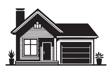Silhouette Suburban Home With Garage and Potted Plants Vector