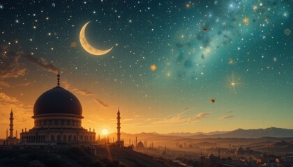 Obraz premium mosque at sunset Eid Mubarak greeting card background