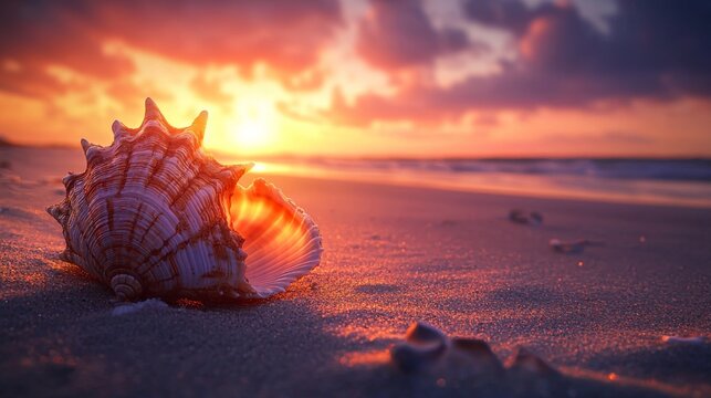 Beautiful seashell on sandy beach during sunset with vibrant colors in the sky and gentle waves lapping at the shore - Powered by Adobe