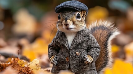 Obraz premium A squirrel wearing a hat and coat stands amidst autumn leaves