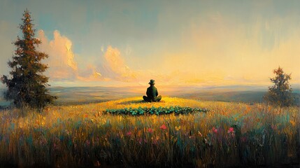 Obraz premium Man meditates sunset hilltop wildflowers peaceful landscape