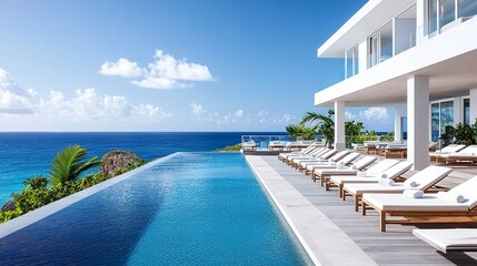 Fototapeta premium Modern seaside luxury hotel, white facade with minimalist design, sunbeds on a poolside deck, serene ocean view, sunny skies, and sharp detailing. 