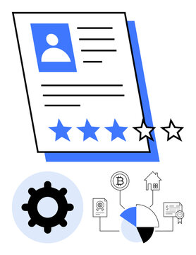 User profile with a five-star rating, gear icon, and financial elements including graphs, blockchain coin, real estate, and certification. Ideal for business, profile analysis, reviews project
