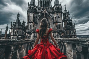 Fototapeta premium Woman in red dress standing before a gothic castle under cloudy sky
