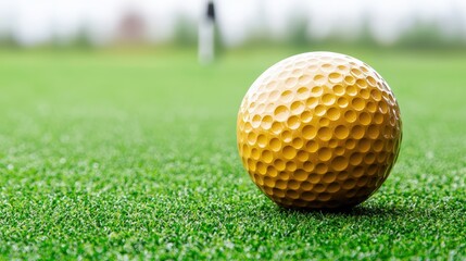 Naklejka premium A vibrant yellow golf ball rests on a lush green putting green ready for a perfect putt on a sunny day providing a stunning image for sports related projects.