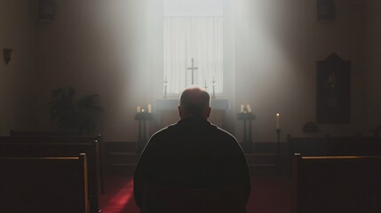 Man praying in dimly lit church interior with cross and candles. Spiritual reflection, Easter vigil, Good Friday, Lent season, or personal devotion concept