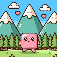 Ilustração de montanhas em estilo cartoon com design kawaii colorido, em formato clipart vetorial premium sobre fundo branco, perfeita para projetos gráficos