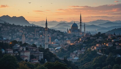 Fototapeta premium sunset over the city Eid Mubarak greeting card background