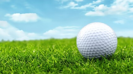 A pristine white golf ball rests on a vibrant green grass fairway under a bright sunny sky with fluffy white clouds providing a picturesque golfing scene.