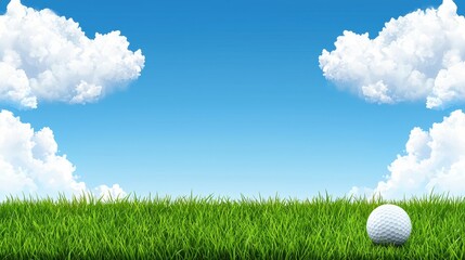 A pristine white golf ball rests on a lush green grass field under a vibrant blue sky with fluffy white clouds providing a tranquil and idyllic summer golf scene.