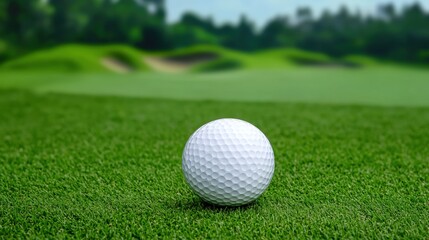 Fototapeta premium A pristine white golf ball rests on a lush green putting green with a blurred background of a picturesque golf course landscape.