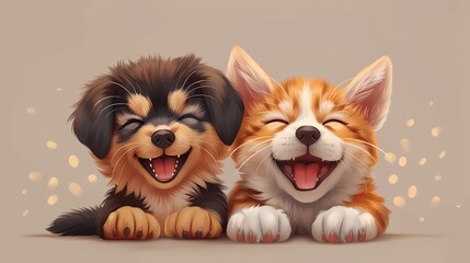 Fototapeta premium Puppy & Kitten Friendship: An adorable puppy and a playful kitten, best friends, share a heartwarming moment of pure joy, captured in a delightful artistic style. 