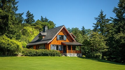 Picturesque Craftsman home on a grassy hill, steep rooflines, and natural stone base, surrounded by trees, clear blue sky, inviting and sharp details. 