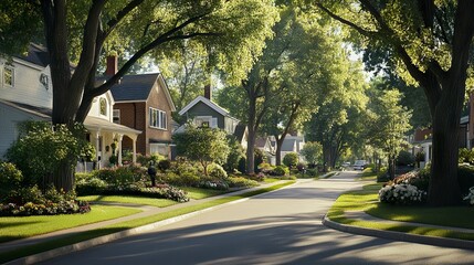 Fototapeta premium Picturesque neighborhood street with elegant homes, neat lawns, and flower beds, framed by trees, bright daylight enhancing the vibrant tones. 