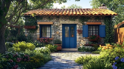 Fototapeta premium Picturesque small house with a stone facade, front yard filled with lush greenery and flowers, natural sunlight, centered and vibrant composition. 