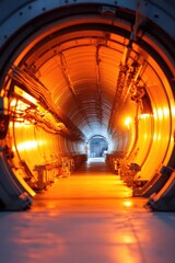 wide-angle view of large hadron collider intricate network of tunnels cables and machinery spotlighted under ambient