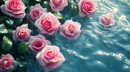 Overhead Shot of Pink Rose Flowers in Water Featuring