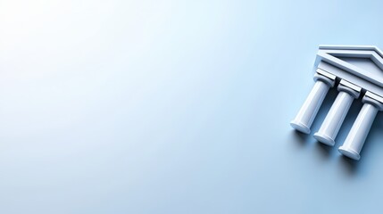 A minimalist 3D rende showcases a small white classical building model with three pillars on a light blue background ideal for banking or government concepts.
