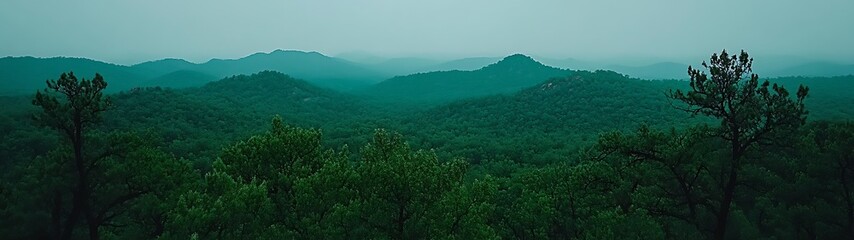 Fototapeta premium A panoramic photograph depicting rolling green hills and forested areas