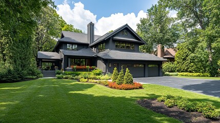 Rear view of a beautifully constructed gray Craftsman home, landscaped yard bordered by trees, garage with a wide driveway, sunny day, and crisp composition. 