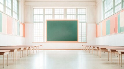 empty bright classroom with neatly arranged desks and large window allowing natural light to flood room highlighting