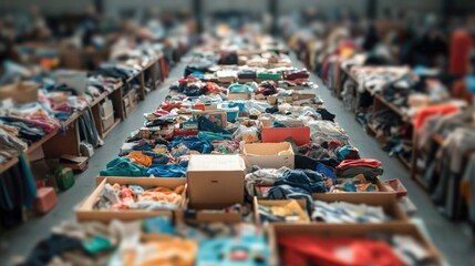 overhead view of tables covered in second-hand items with organized sections for clothes toys and books framed by softly