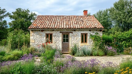 Obraz premium Rustic small stone house, surrounded by a vibrant garden with flowers and shrubs, bright clear sky, frontal perspective, warm and inviting. 