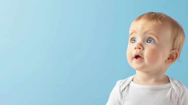 A curious baby with bright blue eyes looks upward against a light blue background a perfect image for websites or advertisements showcasing baby products or childcare services.