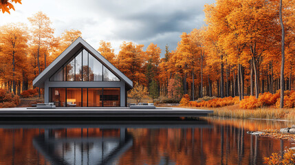 Minimalist a frame house triangular roof lakeside forest reflection autumn tree modern cabin architecture glass wall nature wood deck mountain scenery water peaceful landscape outdoor view calm wild