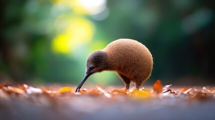 Obraz premium capture solitary kiwi bird in dense new zealand forest its long beak touching ground as it forages among fallen leaves