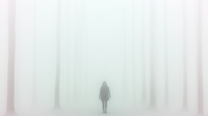 Obraz premium capture softly focused silhouette of person walking through foggy forest imparting ethereal dream-like quality with