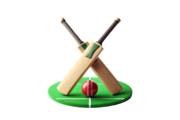 Cricket bats and ball on green pitch 3D rendering
