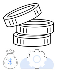 Stacked coins, a dollar-marked money bag, and a gear in a simple style. Ideal for savings, investment, economy, banking, business growth technology and financial planning themes. Flat simple