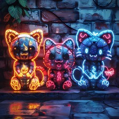 Fototapeta premium Neon Cat Trio: Three stylized neon cat sculptures glow brightly against a textured brick wall, creating a vibrant and modern urban scene with a touch of whimsy.