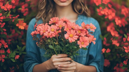 Naklejka premium A Girl Holding a Bouquet of Coral Flowers in a Garden