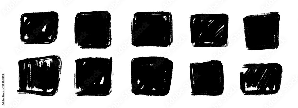 Aufkleber Dry paint square stain set. Black grunge ink frame box collection. Brush stroke rectangle element pack. Hand drawn charcoal blobs for poster design, banner, template, text box. Vector border bundle