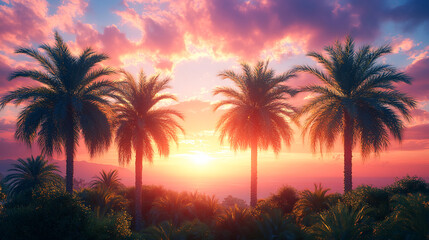 Obraz premium Palm trees at sunset, vintage California summer vibes