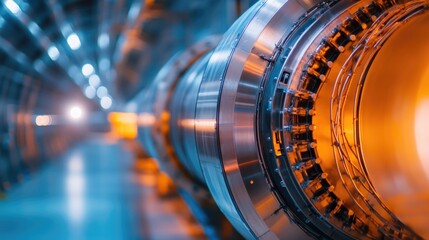 close-up of large hadron collider intricate components with metallic textures glistening under artificial light