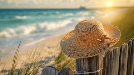 Beach Summer Straw Hat on Fence