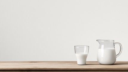 Milk in Glass and Pitcher on Wooden Table