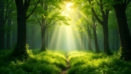 Obraz premium Sunlight Rays in Green Forest Landscape