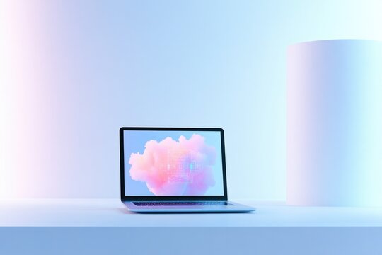 minimalistic workspace with sleek laptop displaying abstract ai algorithm visuals on screen surrounded by clean white