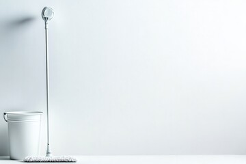 pristine white mop and bucket duo stand ready against vast white canvas emanating sense of hygiene and purity symbolizing
