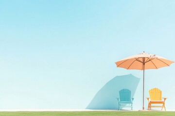 sunlit backyard patio with empty colorful chairs and large umbrella stand on green grass inviting relaxation under
