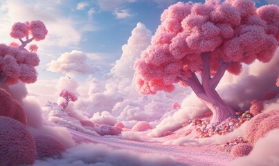 Whimsical dreamscape adventure fantasy landscape digital art cotton candy trees ethereal clouds imaginative viewpoint